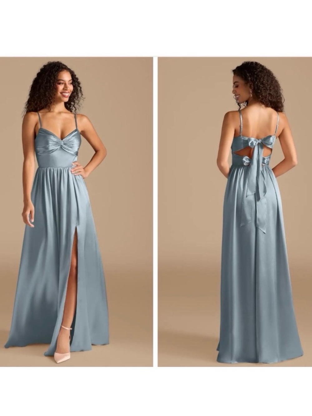 Azazie Zeya Bridesmaid Dress Dusty Blue Tie Back Wedding Guest Size A6 NWT